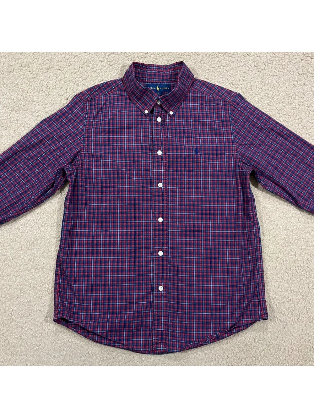 Ralph Lauren Boys Red Blue Plaid Long Sleeve Button Up Shirt Size Large 14-16